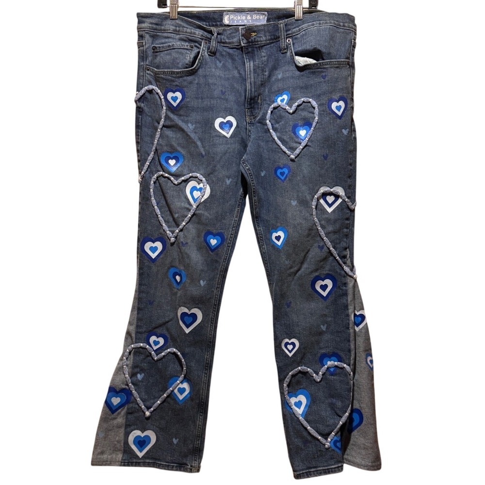 Pickle & Bean Jeans Women's Blue‎ Denim Embellished Hearts Flared Leg Size 40x30
